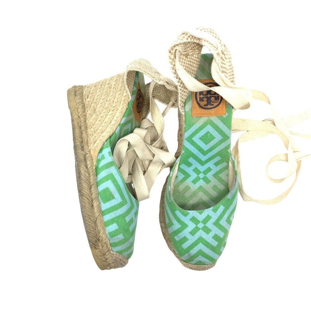 Tory Burch Green Patterned Espadrille Wedge Lace Up Sandals Size 8 Canvas Jute